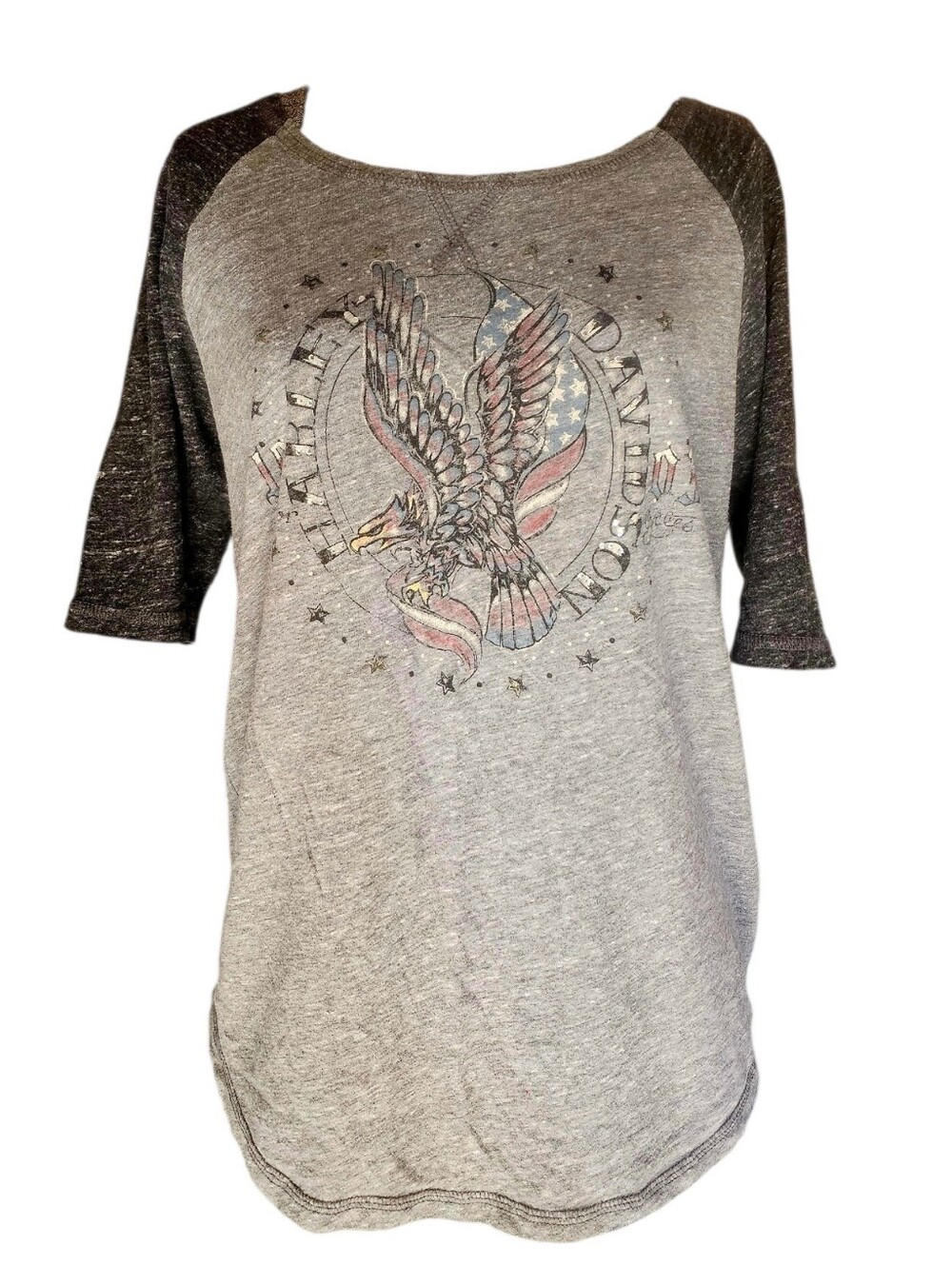 Harley Davidson.  Women’s Grey Raglan Eagle Graphic Top